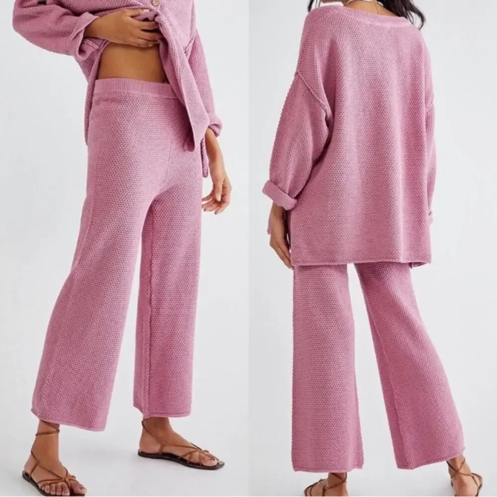 Free People Rose Pink Hailee Sweater Waffle Knit Wide Leg Cropped Pants Sz.L